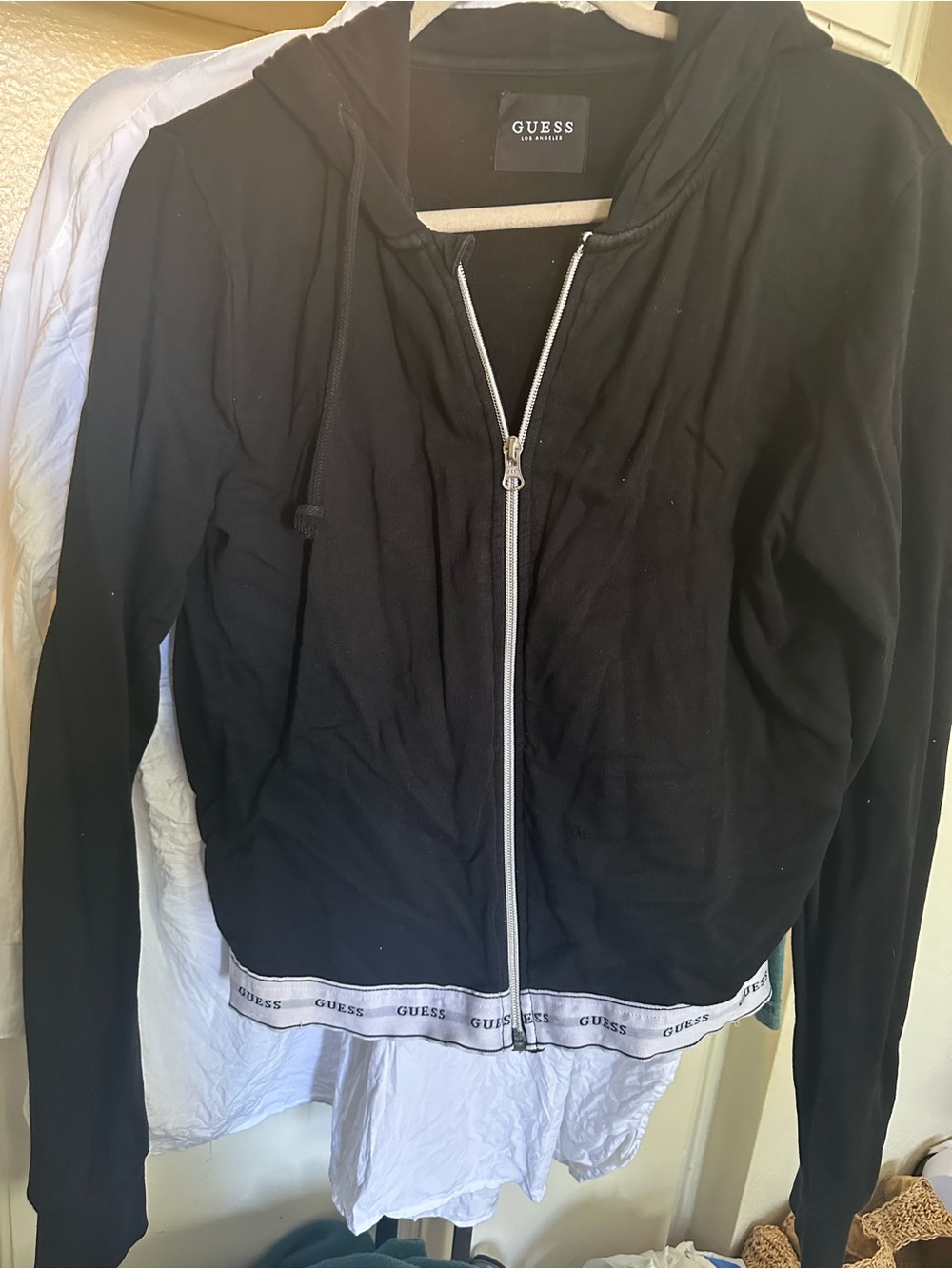 GUESS Black Zip-Front Hooded zip up hoodie with Branded Hem